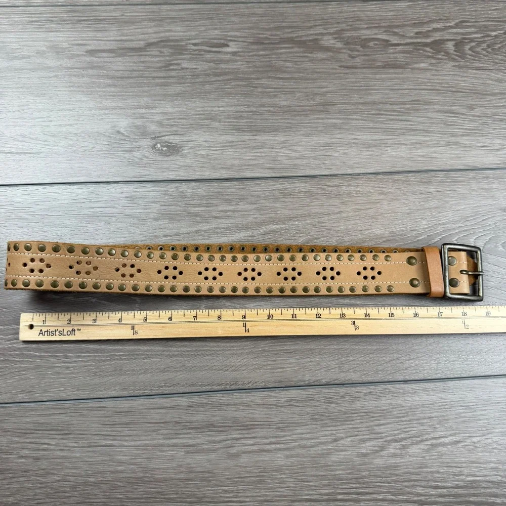 Hollister Women Belt Studded Perforated Genuine Leather Tan Small